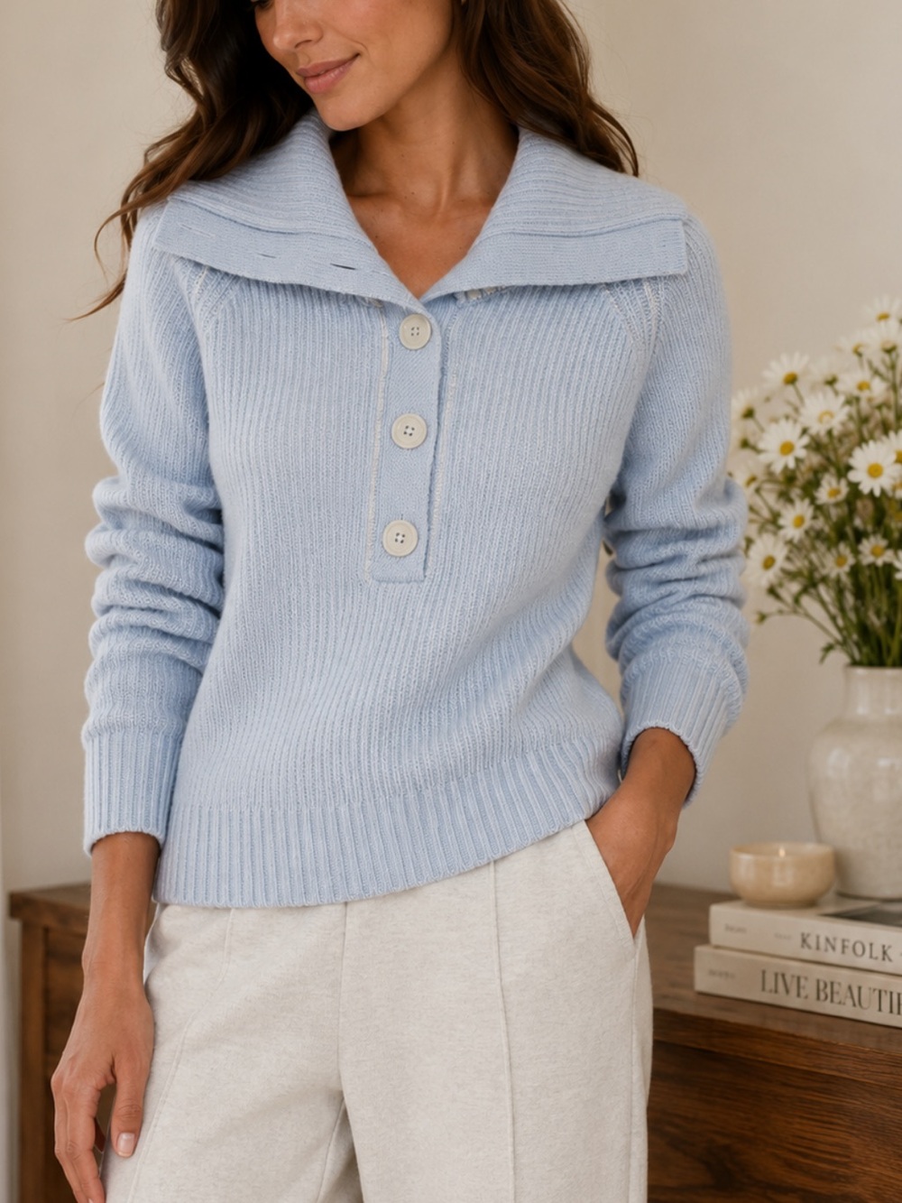 Varley Filey Mix Rib Sweater in Mist Blue M